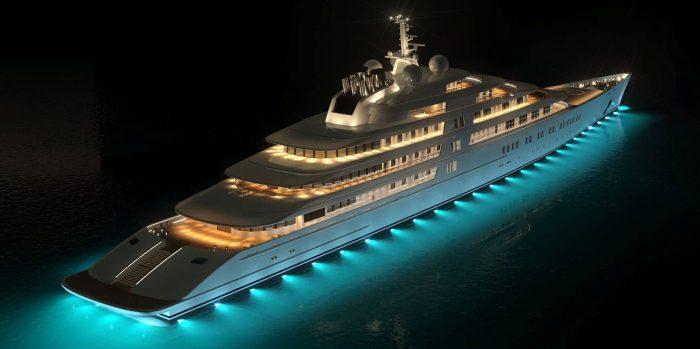 worlds largest superyacht lit up at night