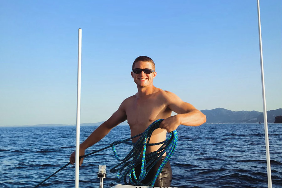 Harry leaning the ropes as a Deckhand
